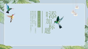 Fresh art PPT template with watercolor green leaf bird background