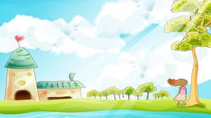 Green and blue beautiful rural pastoral cartoon PPT background
