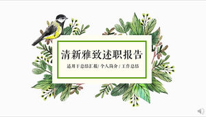 Bird branches and leaves green literary style fresh and elegant debrief report ppt template