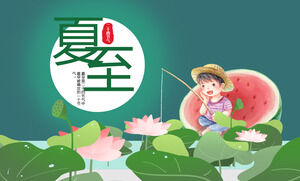 Little boy fishing among lotus leaves background summer solstice solar term PPT template