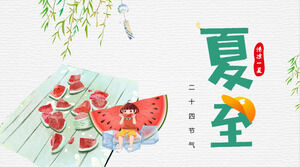 Watercolor watermelon and little girl eating melon background summer solstice solar term introduction PPT template