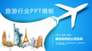 Mavi uçak silueti arka plan seyahat teması PPT şablonu