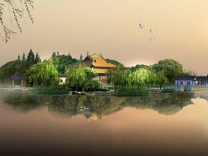 China Wind Lake Heart Pavilion ppt background picture