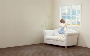 Lonely girl looking out the window ppt background picture