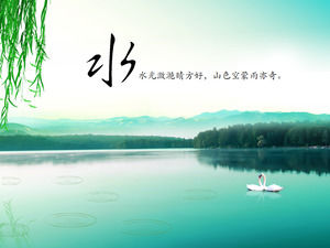 Weeping willow bird Piaoyun Lake light mountain color Chinese style ppt template