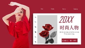 バラの背景PPTテンプレートと赤いドレスの女性