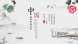 Classical Chinese style PPT template with ink landscape background for free download