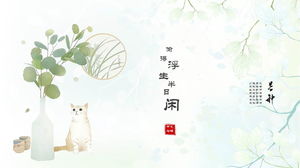 Download gratuito del modello PPT del gatto dei bonsai dell'acquerello verde fresco ed elegante