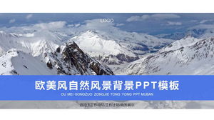  European and American business PPT template with snow mountain peak background