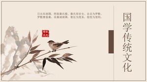 Template PPT budaya Cina tradisional dengan latar belakang lukisan bunga dan burung klasik
