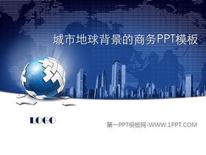 Business PPT template with dark blue city buildings and earth background