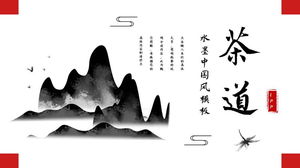 Modelo de PPT de tema de cerimônia de chá de fundo de montanhas de tinta simples e lavagem