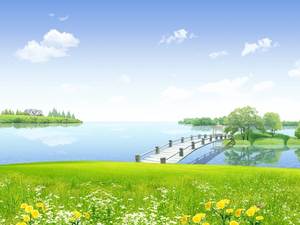 Green bridge and flowing water scenery PPT background picture