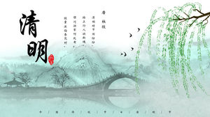 Wiosenna wierzba jaskółka most łukowy Szablon Qingming Festival PPT