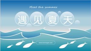 Rencontrez l'été - modèle ppt de thème d'été de dessin animé de poissons de vagues de l'océan
