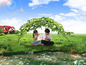 Glückliches Paradies der Kinder grünes Zuhause ppt-Vorlage