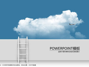 Céu azul de escada de nuvem e nuvens brancas avião simples modelo de ppt de negócios azul