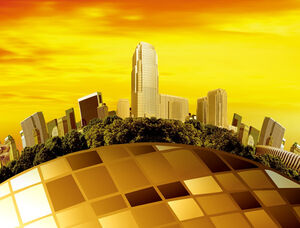 Templat ppt bisnis emas gedung bertingkat tinggi di bawah lensa sudut lebar