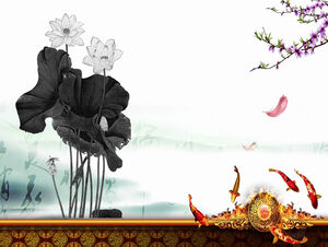 용 삼각대 연꽃 금붕어 복숭아 중국 스타일 잉크 PPT 템플릿