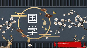 Modelo de PPT de tema de aprendizado chinês com fundo de veado dourado e flor de ameixa