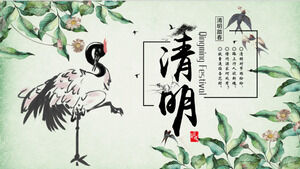 Qingming PPT-Vorlage mit Kranhintergrund der grünen Tinte