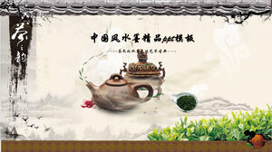 Template PPT budaya teh pot tanah liat ungu teko