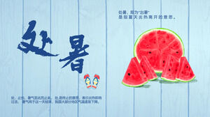 Blaue Holzbrett Aquarell Wassermelone Hintergrund Einführung PPT-Vorlage
