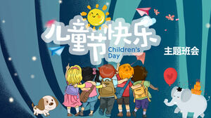 Plantilla PPT de reunión de clase temática del Día del niño de estilo de ilustración de dibujos animados