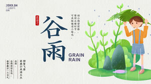 Ziarno deszczowe wprowadzenie terminu słonecznego PPT szablon z kreskówkowym deszczowym chłopcem w tle