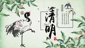 Qingming PPT template with green ink plant crane background