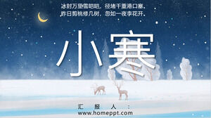 Mavi gece gökyüzünde kardaki geyik arka planı, küçük bir soğuk güneş terimi PPT şablonudur.