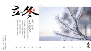 Frost-sprinkled branches background winter solar term introduction PPT template