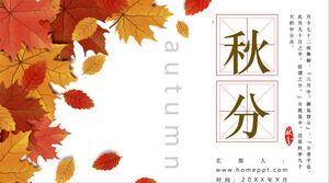 Templat PPT pengenalan istilah matahari equinox musim gugur dengan peta latar belakang daun musim gugur yang indah