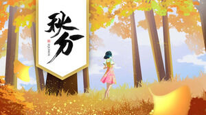 The girl in the golden ginkgo forest background autumn equinox PPT template