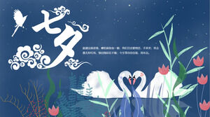 Two loving white swans background Qixi Festival PPT template