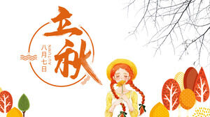 Árvores de outono de desenhos animados e fundo de meninas Modelo de PPT de tema Liqiu
