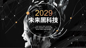 PPT-Vorlage für schwarze Zukunftstechnologie mit weiblichem Roboterhintergrund