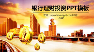 PPT-Vorlage für Finanzmanagementinvestitionen mit goldenem Gebäude- und Währungshintergrund