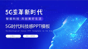 Szablon PPT z ery 5G z niebieskim wirtualnym tłem ekspresji postaci