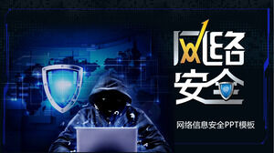 Plantilla PPT de tema de seguridad cibernética con hacker y fondo de escudo de seguridad