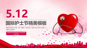 512 Plantilla PPT del Día Internacional de la Enfermera con flores y fondo rojo de amor