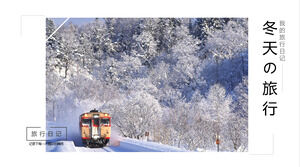 Winter travel photo album PPT template with winter snow background