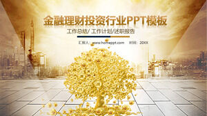 Template PPT manajemen keuangan dengan latar belakang pohon uang bangunan kota emas