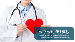PPT-Vorlage für die Arbeitszusammenfassung des Arztes mit einem roten Herzen in der Hand