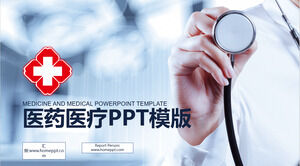 Hospital doctor work summary report PPT template with stethoscope background