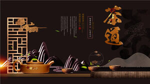Template PPT budaya minum teh dengan latar belakang pola set teh coklat