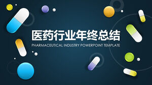 Pharmaceutical industry work summary PPT template on the background of UI capsules and pills