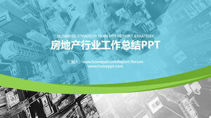 Template PPT laporan kerja industri real estat dengan latar belakang kota modern
