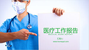 Templat PPT laporan kerja medis dengan latar belakang dokter yang mengenakan gaun bedah