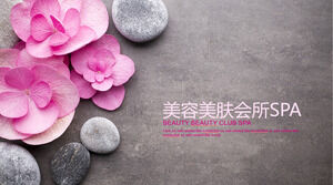 Schönheit und Gesundheit PPT-Vorlage mit rosa Blumen und Kieselhintergrund